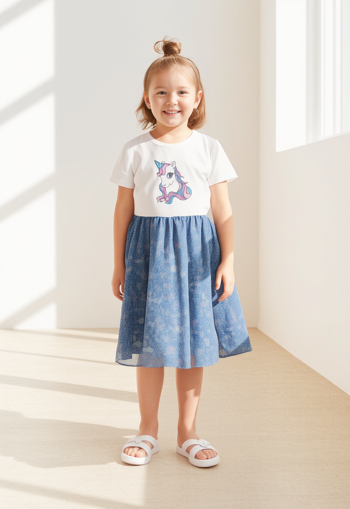 Cotton Unicorn Print Dress with Blue Chiffon Skirt